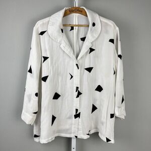Fridaze Linen Shirt Top‎ Jacket Womens 1X White Black Geometric Print Artsy